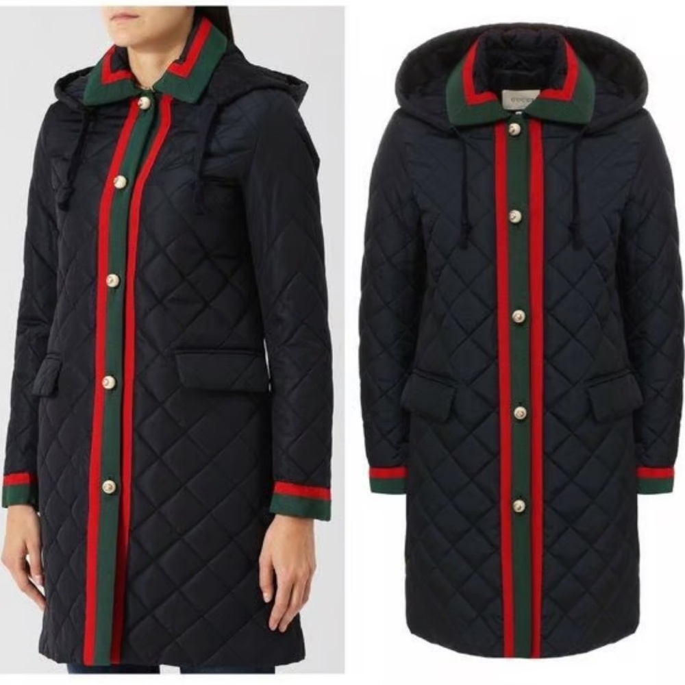 Gucci GG Web Quilted Pearl Logo Button Coat w Hood optional